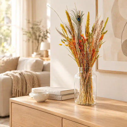 Großer Trockenblumenstrauß auf dem Sideboard im Wohnzimmer