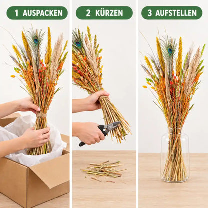 Trockenblumen aufstellen in 3 Schritten: auspacken, kürzen, aufstellen