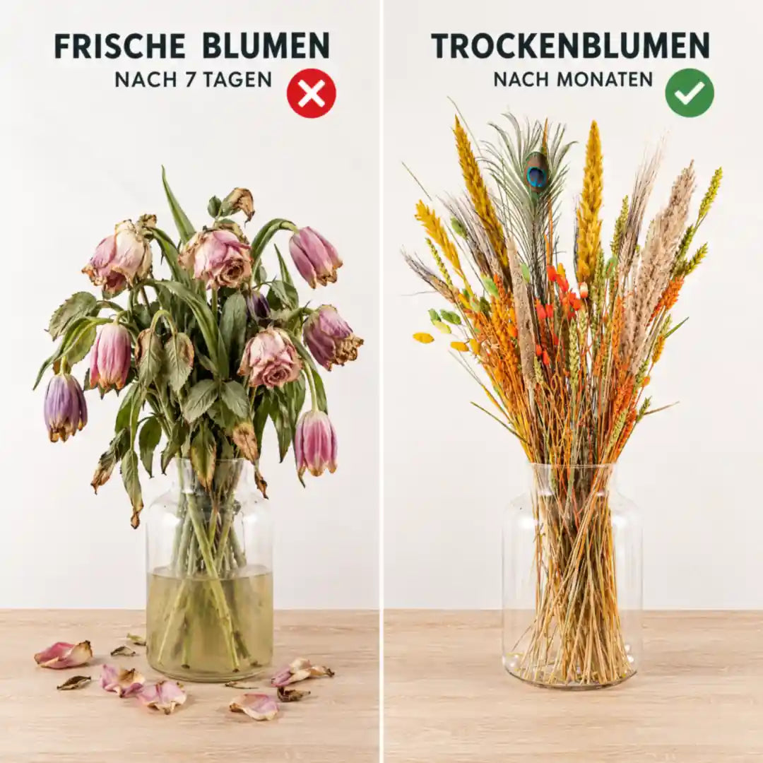 Vergleich: frische Blumen nach 7 Tagen und Trockenblumen nach Monaten