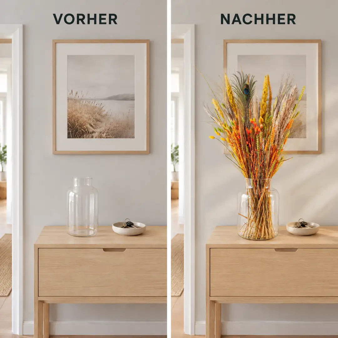 Flur vorher und nachher mit großem Trockenblumenstrauß