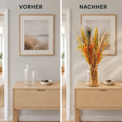 Flur vorher und nachher mit großem Trockenblumenstrauß