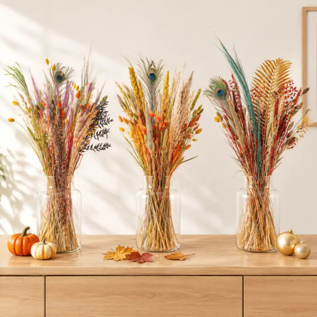 Trockenblumensträuße in Halloween, Bunt Natur und Weihnachtsgold auf einem Sideboard