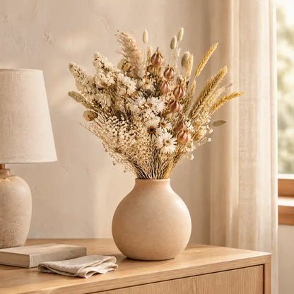 Trockenstrauß mit Weizen und Strohblumen in Steinzeugvase auf hellem Sideboard