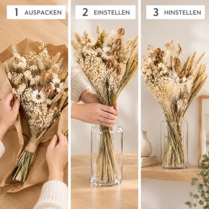 Anwendung in drei Schritten: Trockenstrauß auspacken, in die Vase stellen, hinstellen