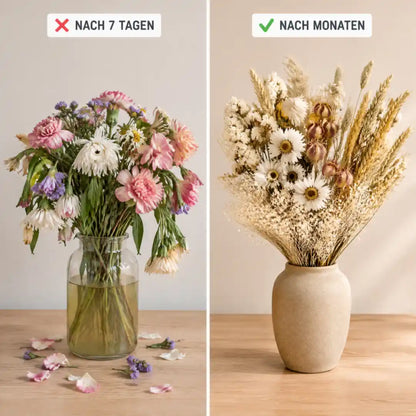 Vergleich: welker Schnittblumenstrauß nach 7 Tagen und Trockenstrauß nach Monaten