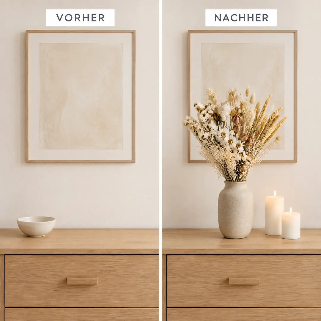 Vorher und nachher: leere Kommode und Kommode mit Trockenstrauß in Naturtönen