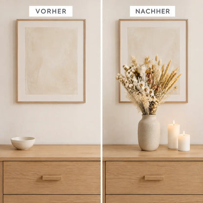 Vorher und nachher: leere Kommode und Kommode mit Trockenstrauß in Naturtönen