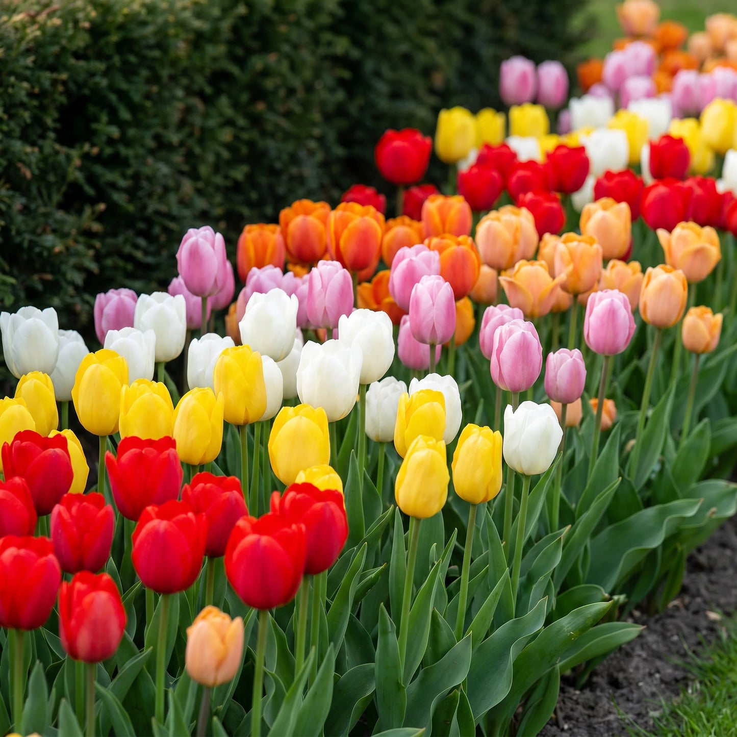 Tulpen-Sortenvielfalt in Rot, Gelb, Weiß, Rosa, Orange und Apricot im Beet