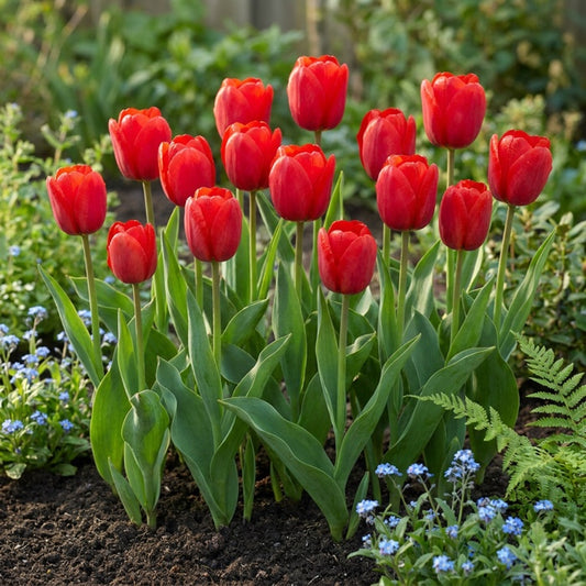 Gruppe roter Triumph-Tulpen in voller Blüte in einem Gartenbeet