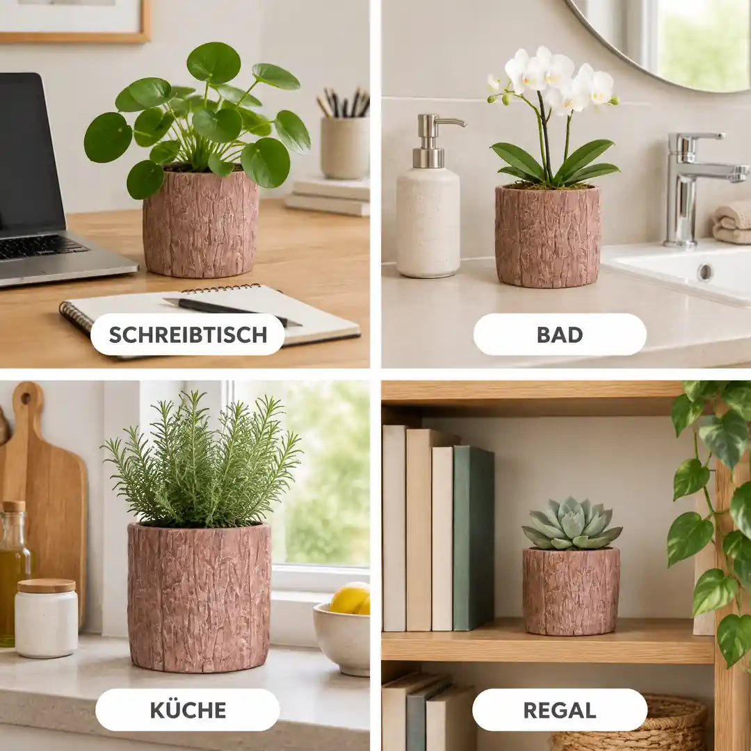 Übertopf in Holzoptik am Schreibtisch, im Bad, in der Küche und im Regal