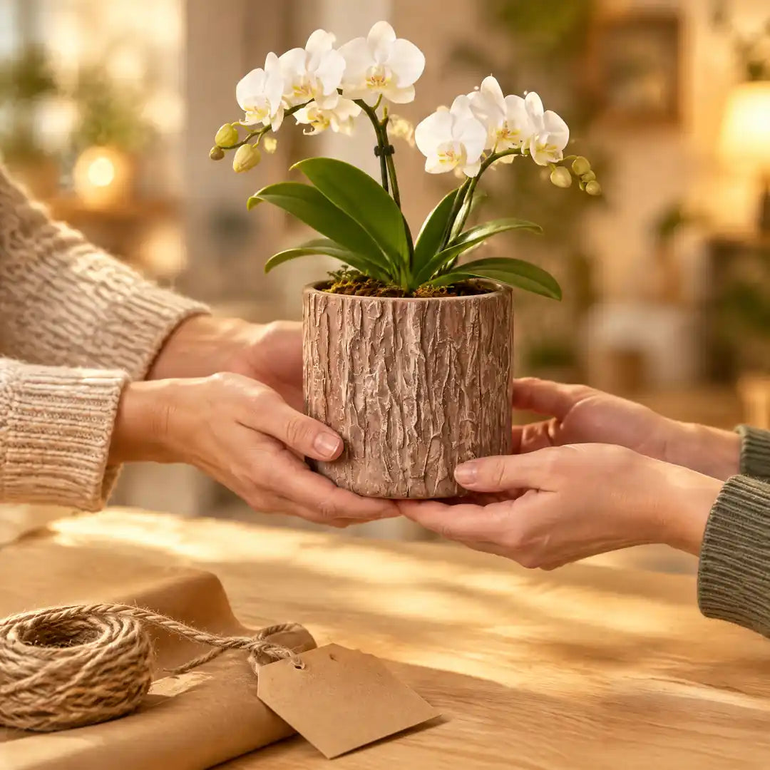 Übertopf in Holzoptik mit Orchidee als Geschenk überreichen