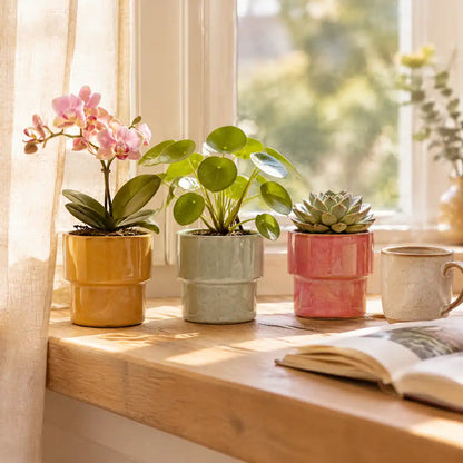 Drei Keramik-Übertöpfe mit Orchidee, Pilea und Sukkulente auf der Fensterbank