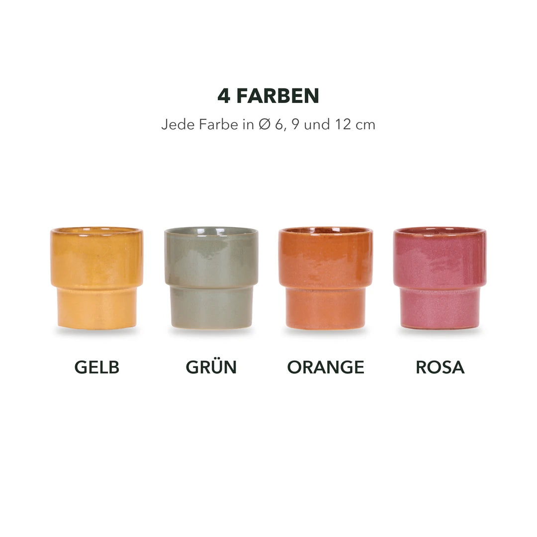 Übertopf in vier Farben: Gelb, Grün, Orange, Rosa