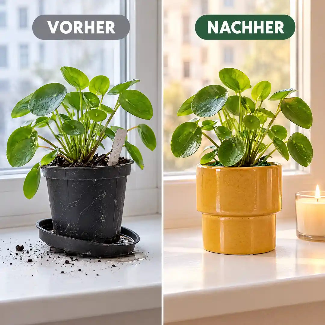 Vorher Plastiktopf mit Untersetzer, nachher Pflanze im gelben Keramik-Übertopf