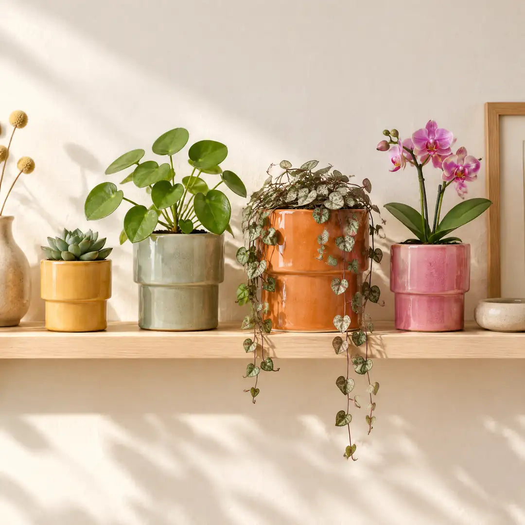 Vier Keramik-Übertöpfe in Gelb, Grün, Orange und Rosa auf einem Wandregal