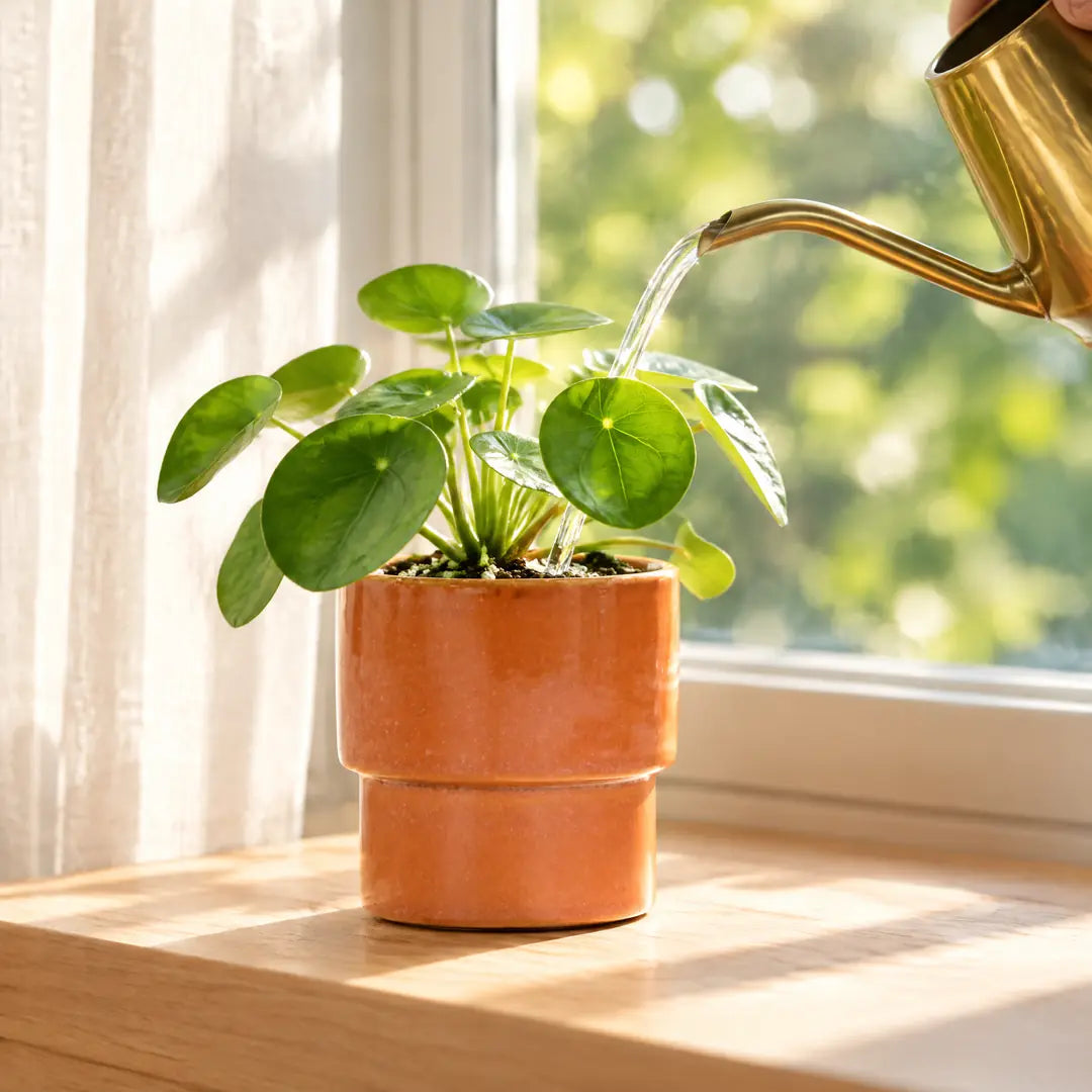 Pilea im orangefarbenen Übertopf wird auf trockener Fensterbank gegossen