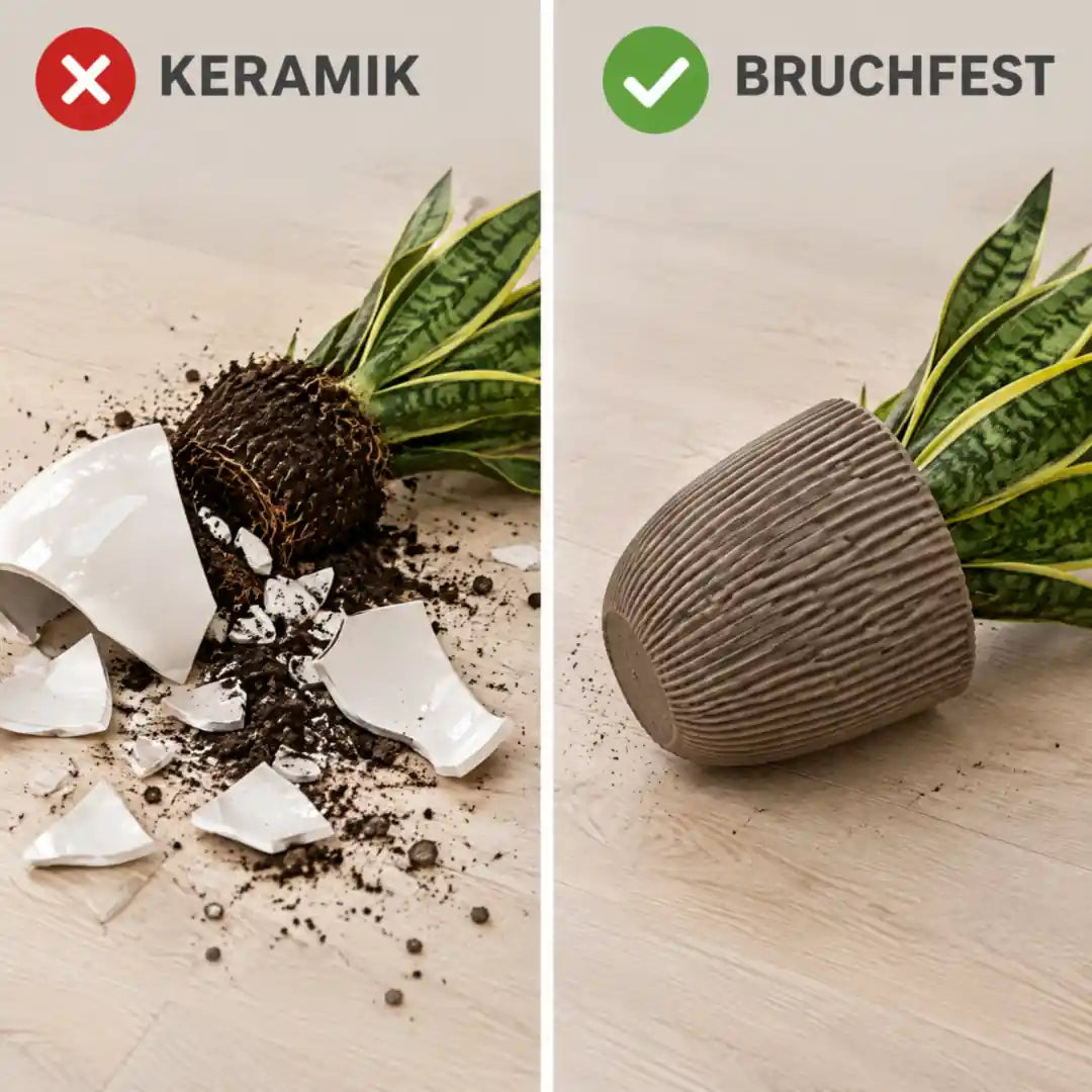 Vergleich: zerbrochener Keramiktopf neben unbeschädigtem bruchfestem Übertopf