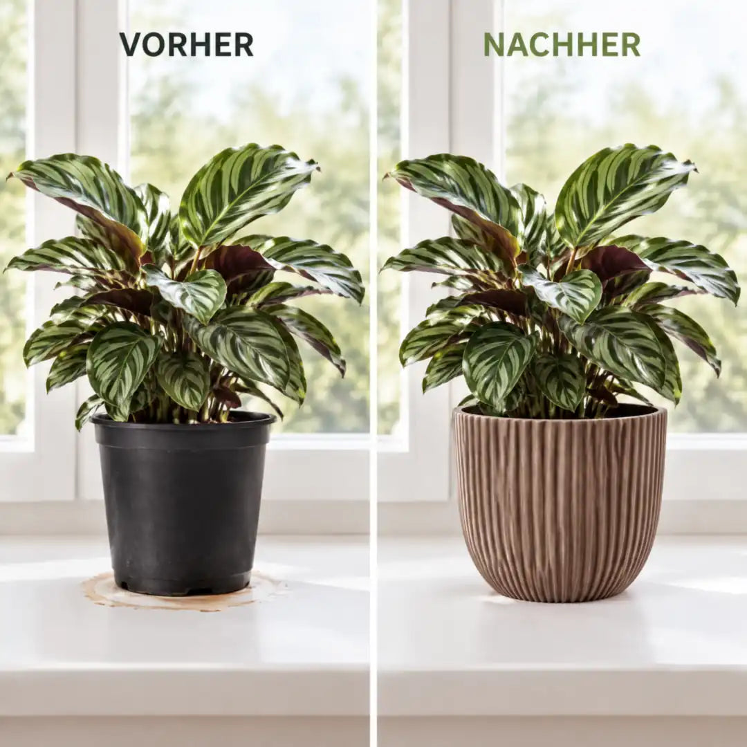 Vorher und nachher: Calathea im Plastik-Kulturtopf und im Übertopf in Taupe