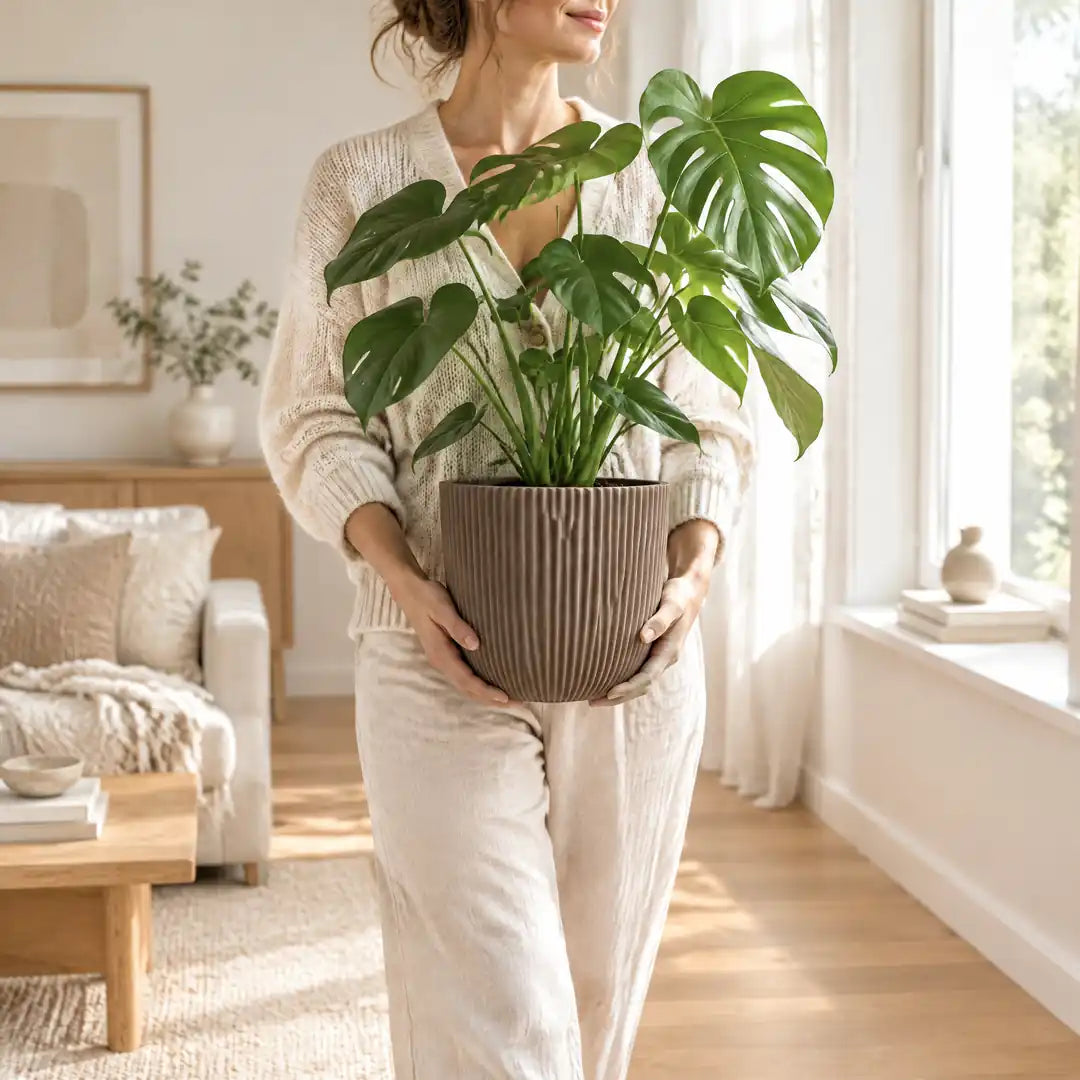 Frau trägt den leichten Übertopf mit Monstera durchs Wohnzimmer