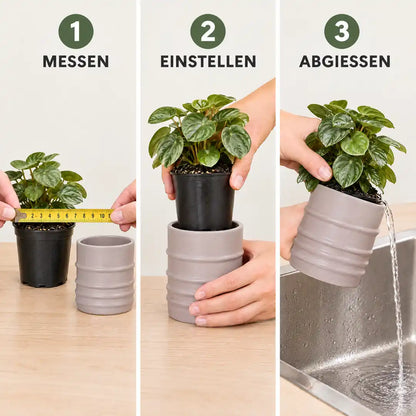 Anwendung in 3 Schritten: Anzuchttopf messen, in den Übertopf stellen, Wasser abgießen