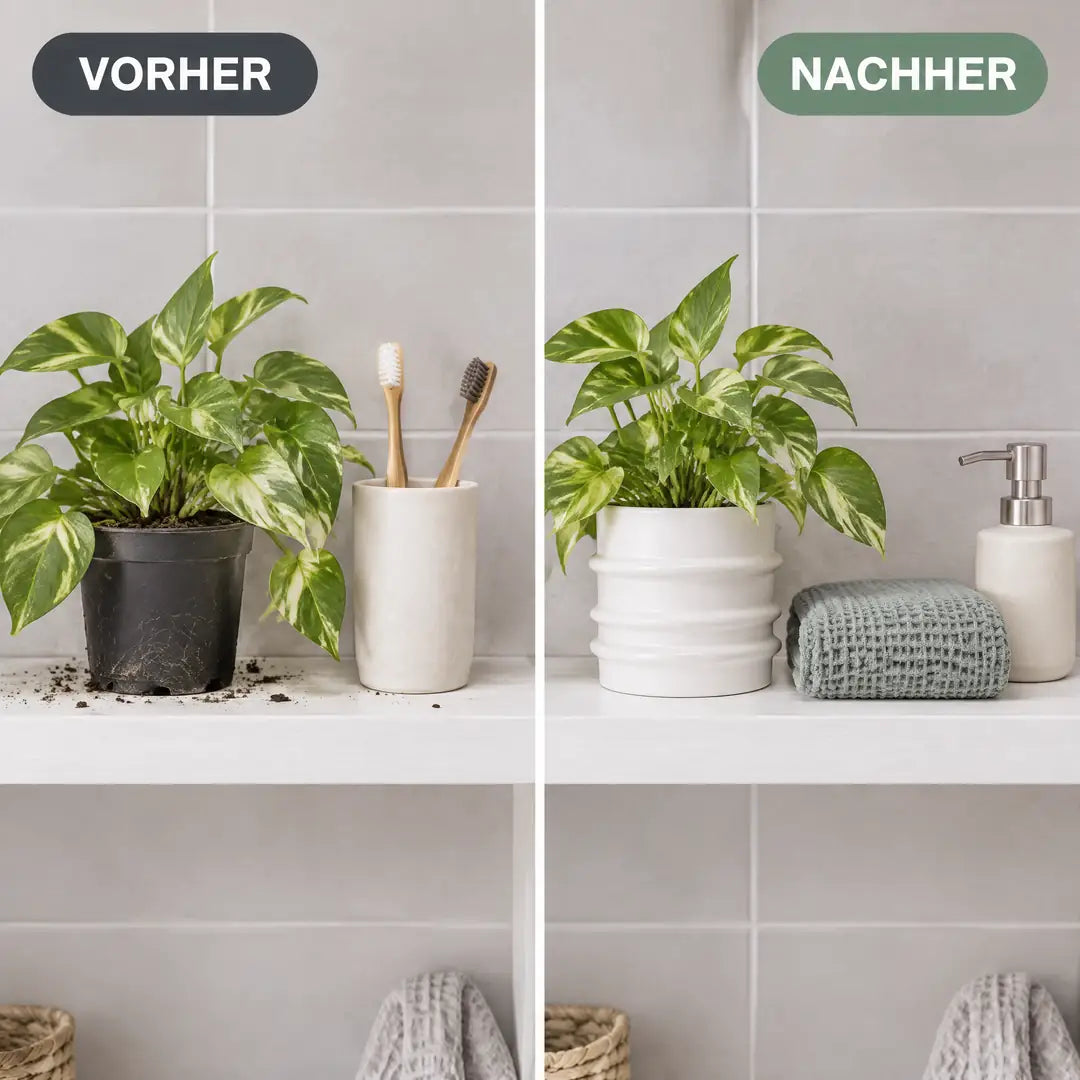 Vorher und nachher: Efeutute im Plastiktopf und im weißen Übertopf auf dem Badregal