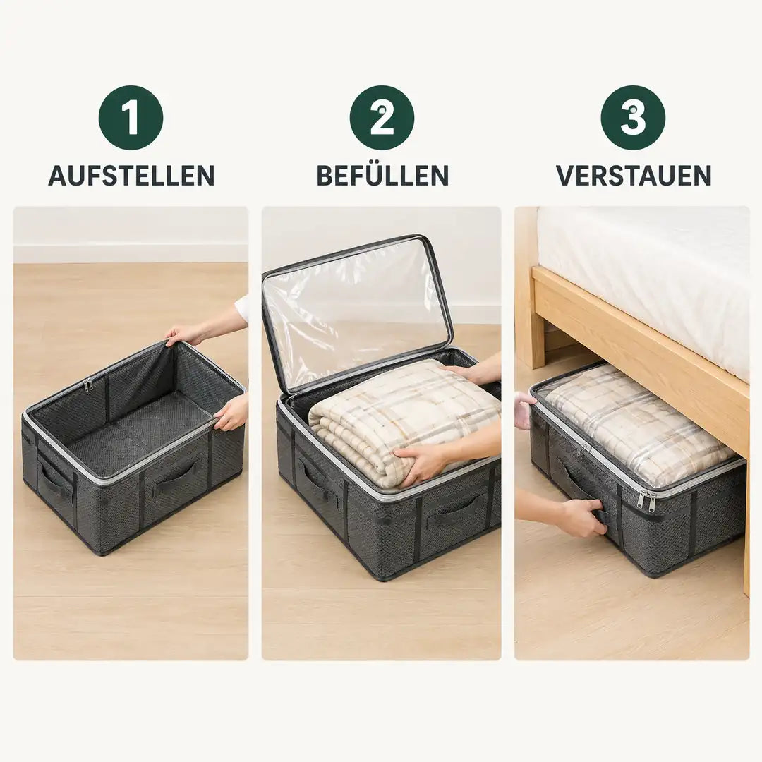 Unterbettkommode in drei Schritten aufstellen, befüllen und verstauen