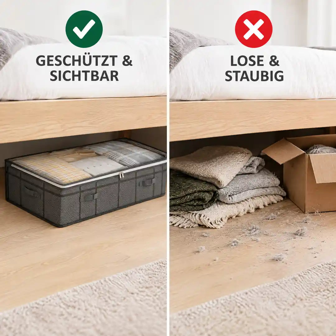 Vergleich: Unterbettkommode unter dem Bett gegenüber losen, staubigen Decken