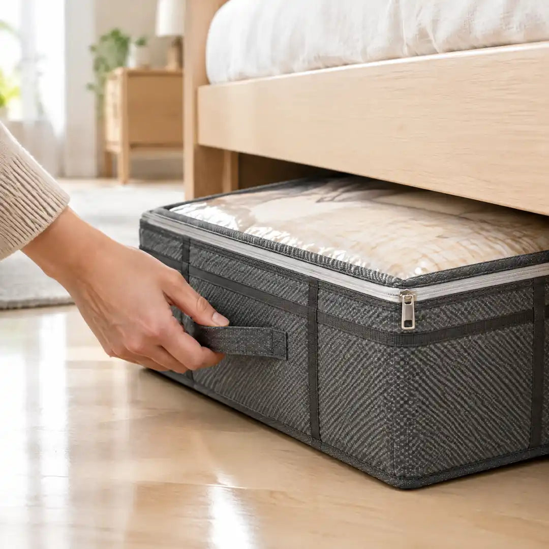 Hand zieht die Unterbettkommode am Stoffgriff unter dem Bett hervor