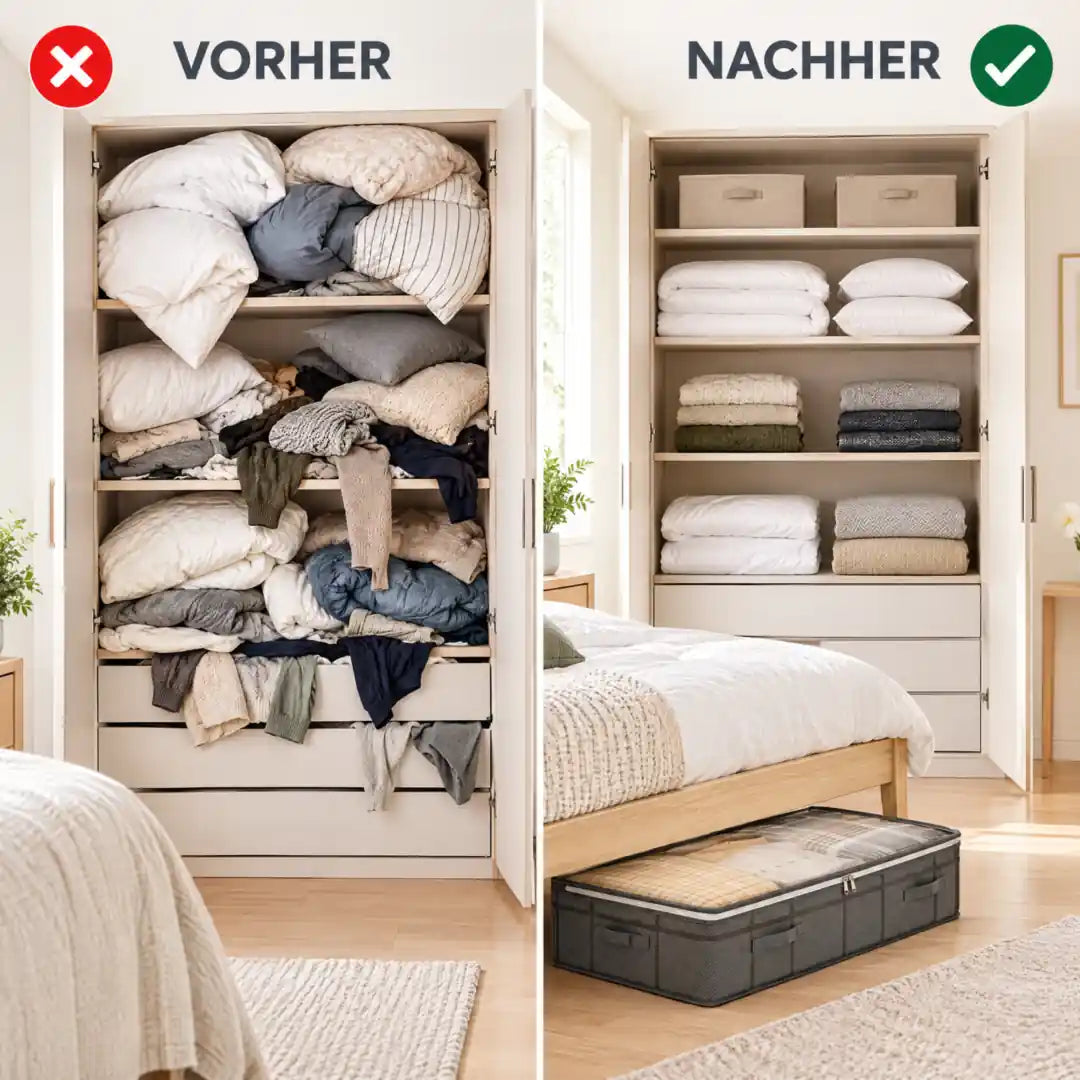 Vorher-Nachher: überfüllter Kleiderschrank und aufgeräumter Stauraum unter dem Bett