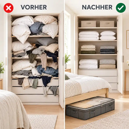 Vorher-Nachher: überfüllter Kleiderschrank und aufgeräumter Stauraum unter dem Bett