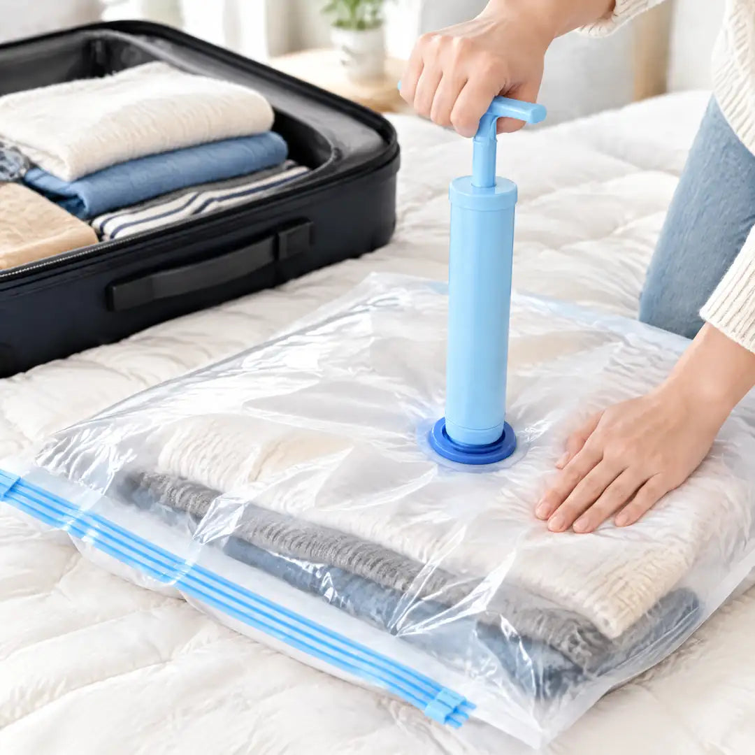 Handpumpe wird am Ventil gezogen, daneben ein halb gepackter Koffer