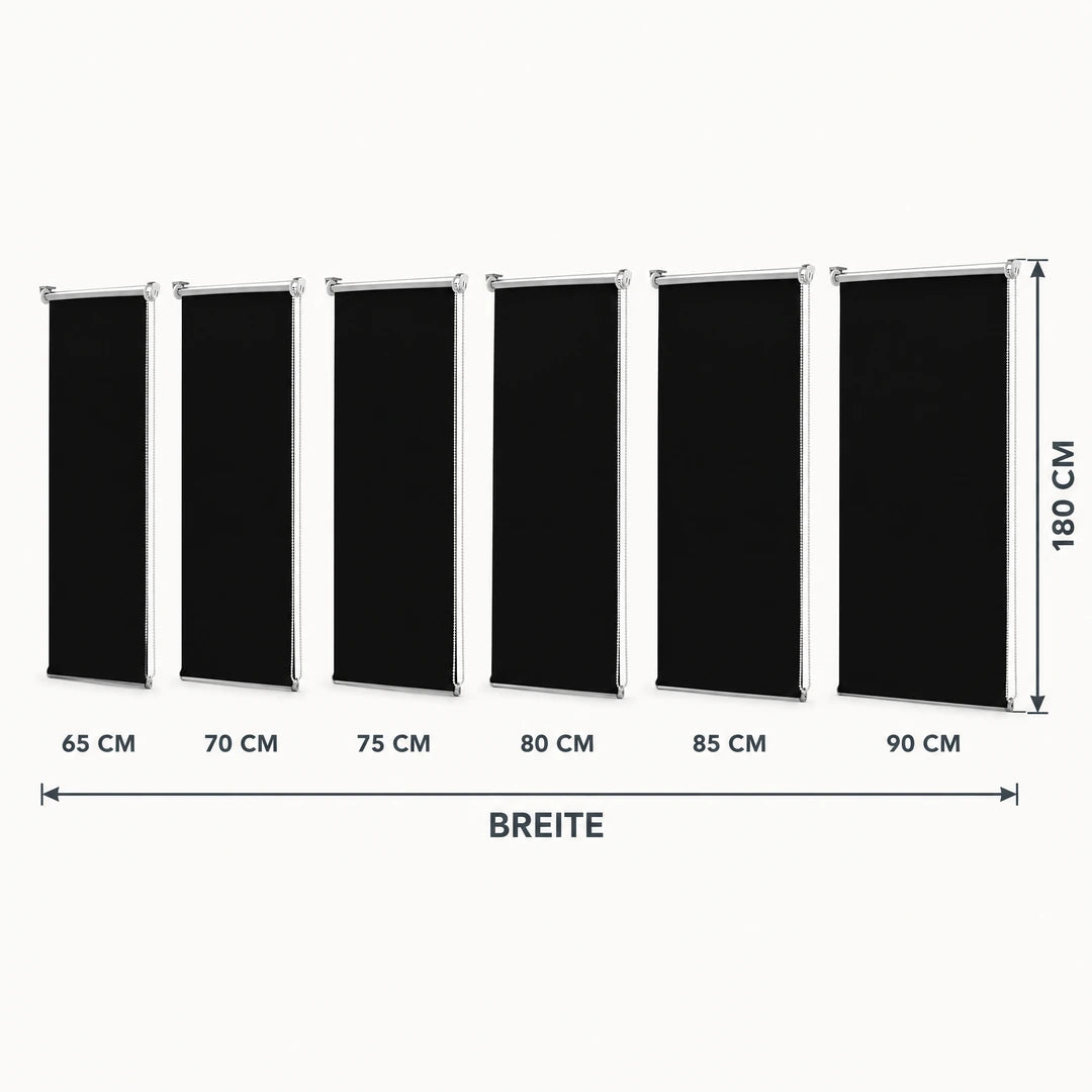 Größenübersicht der sechs Breiten von 65 bis 90 cm bei 180 cm Höhe