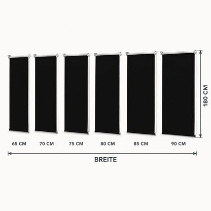 Größenübersicht der sechs Breiten von 65 bis 90 cm bei 180 cm Höhe