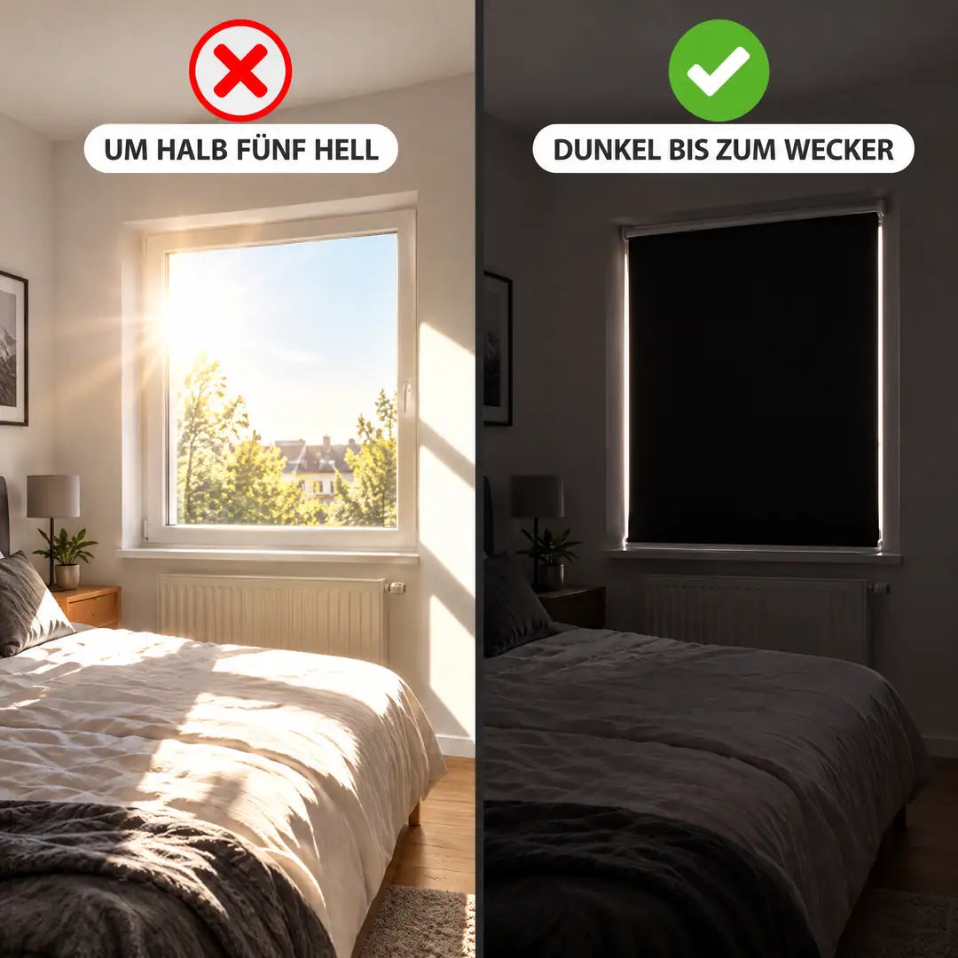Schlafzimmer ohne und mit Verdunkelungsrollo im Vergleich