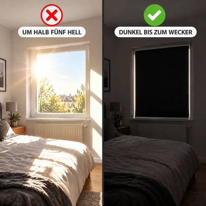 Schlafzimmer ohne und mit Verdunkelungsrollo im Vergleich