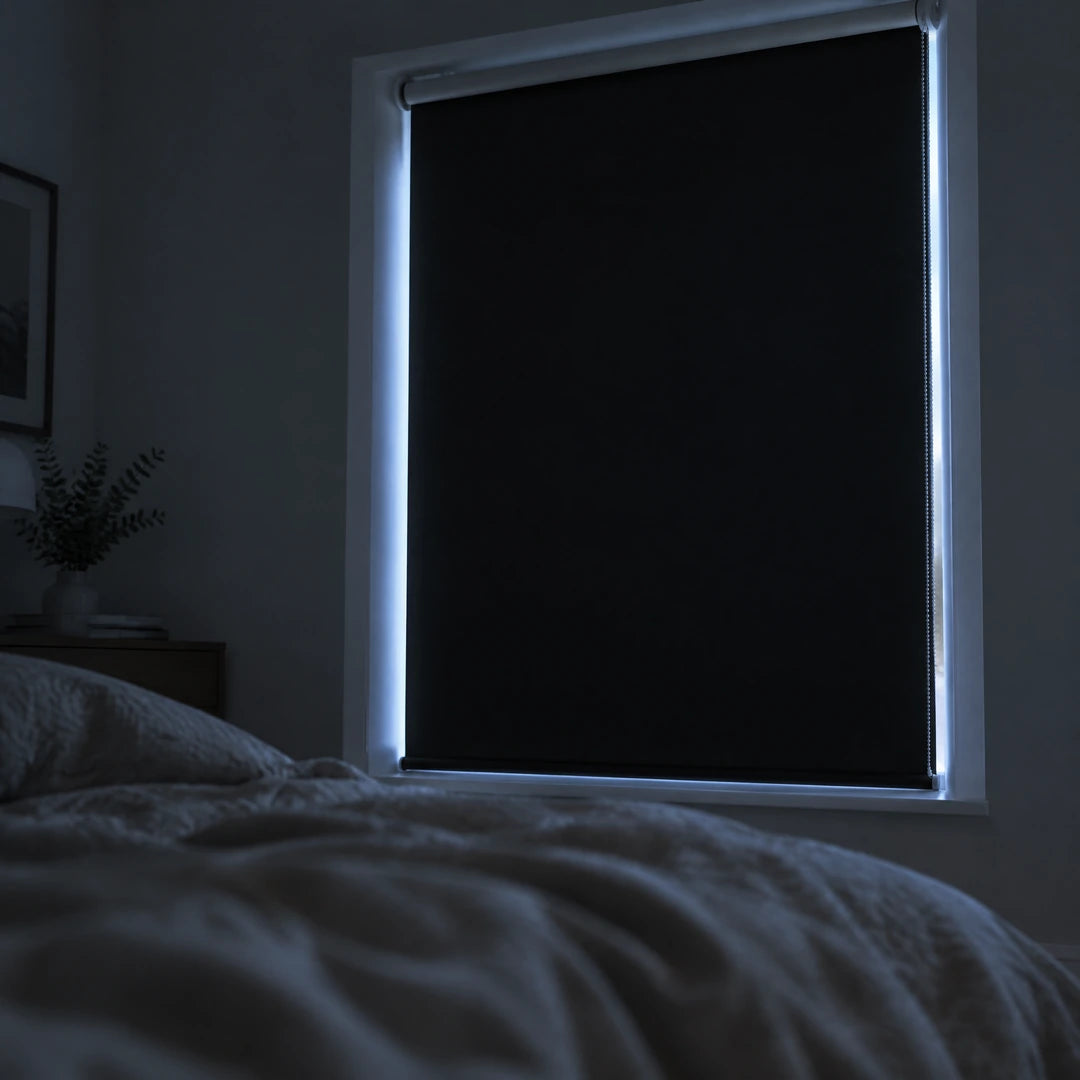 Schlafzimmer im Halbdunkel bei heruntergelassenem Verdunkelungsrollo