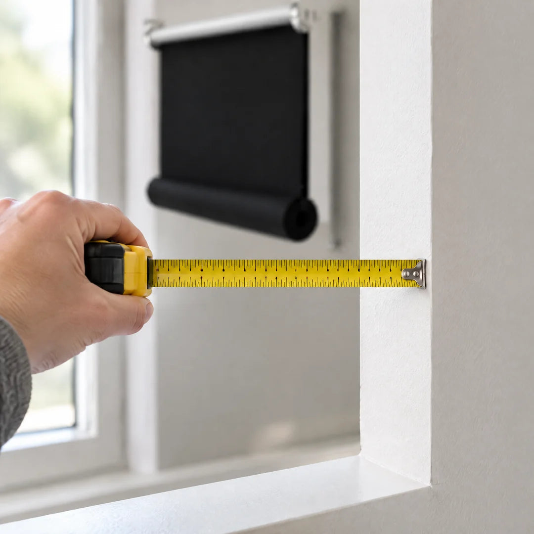 Hand misst mit dem Maßband die Breite der Fensterlaibung