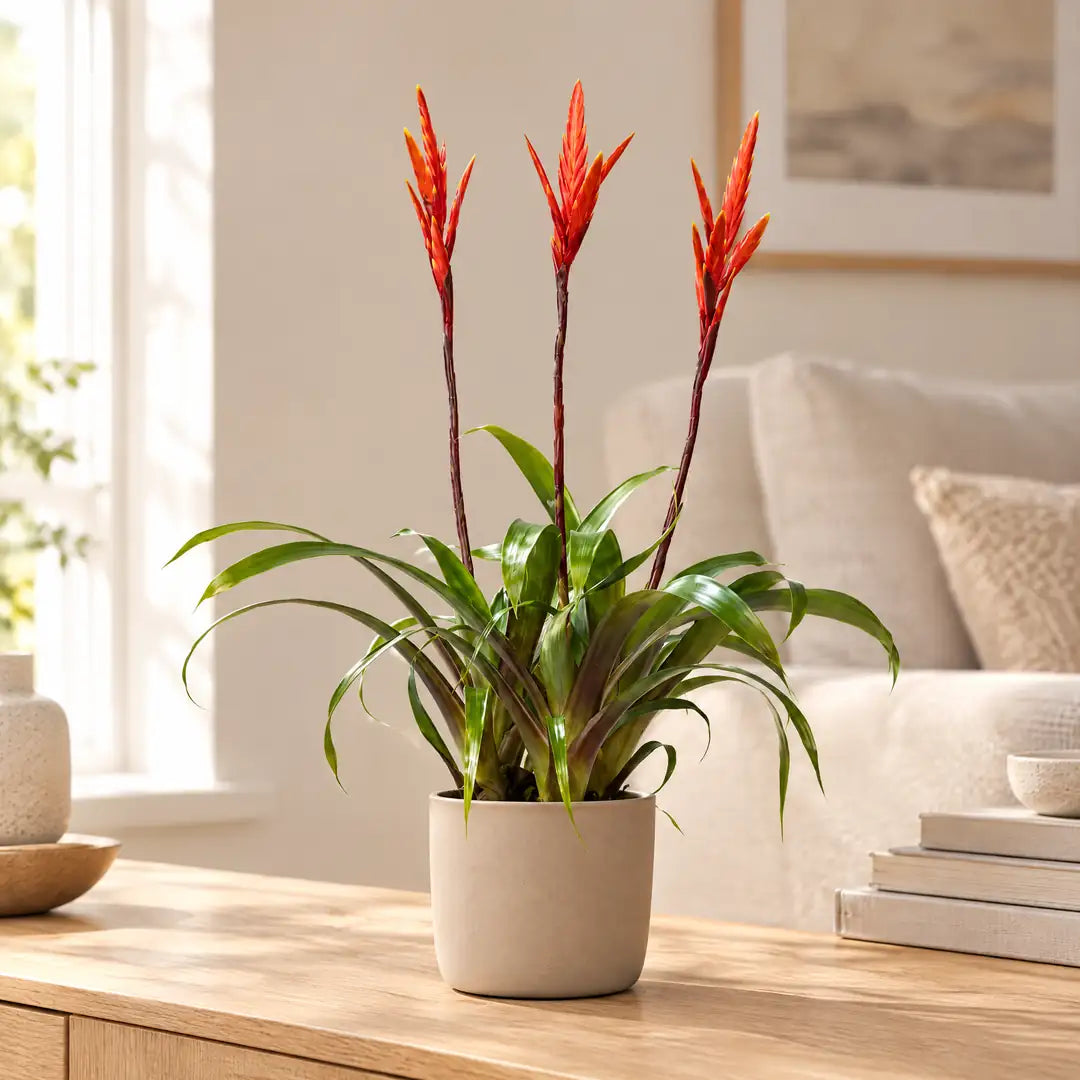 Vriesea mit drei roten Blütenschwertern im beigen Übertopf auf einem Sideboard im hellen Wohnzimmer