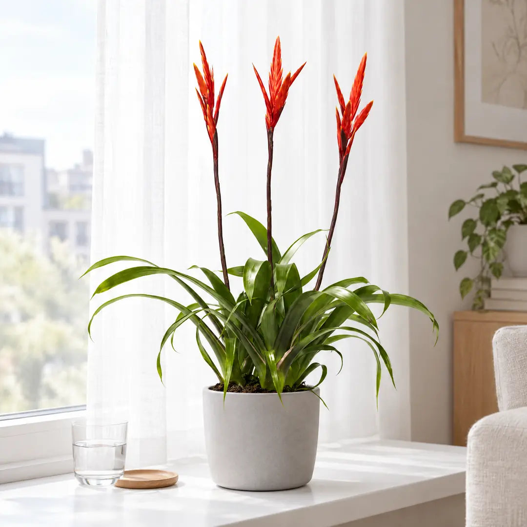 Vriesea auf der hellen Fensterbank hinter einer lichten Gardine