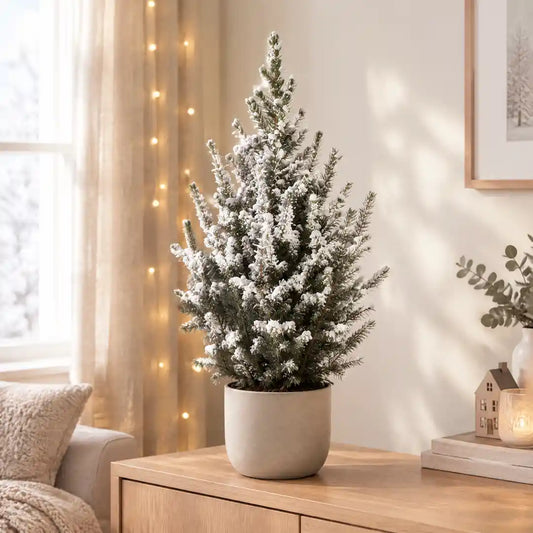 Weihnachtsbaum mit Schnee: beschneite Zuckerhutfichte im greigen Übertopf auf einem Sideboard