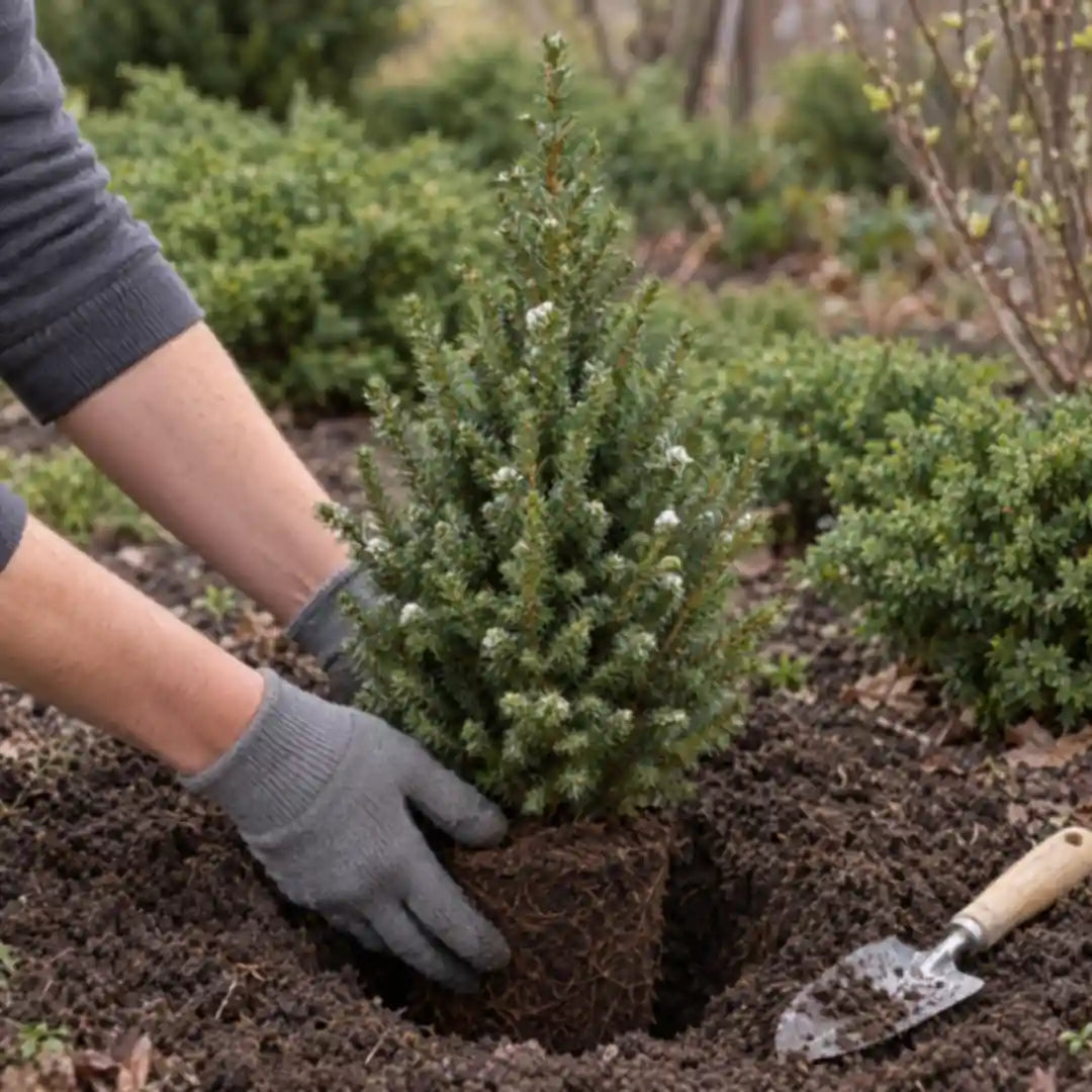 Zuckerhutfichte wird nach Weihnachten mit Handschuhen in den Garten gepflanzt