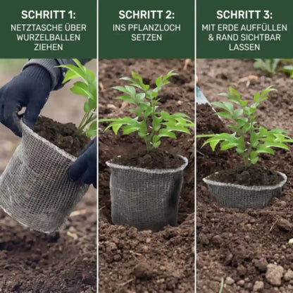 Anwendung in drei Schritten: überziehen, einsetzen, mit Erde auffüllen