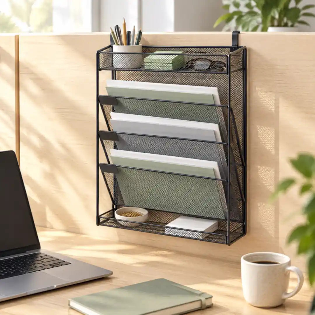 Wandorganizer aus Metall an der Schreibtisch-Trennwand im Homeoffice, der Tisch bleibt frei