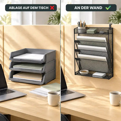 Vergleich: Briefablage auf dem Tisch und Zeitschriftenhalter an der Wand
