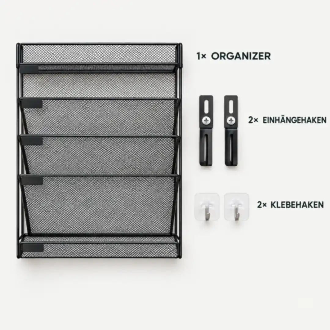 Lieferumfang: Organizer, zwei Einhängehaken und zwei Klebehaken