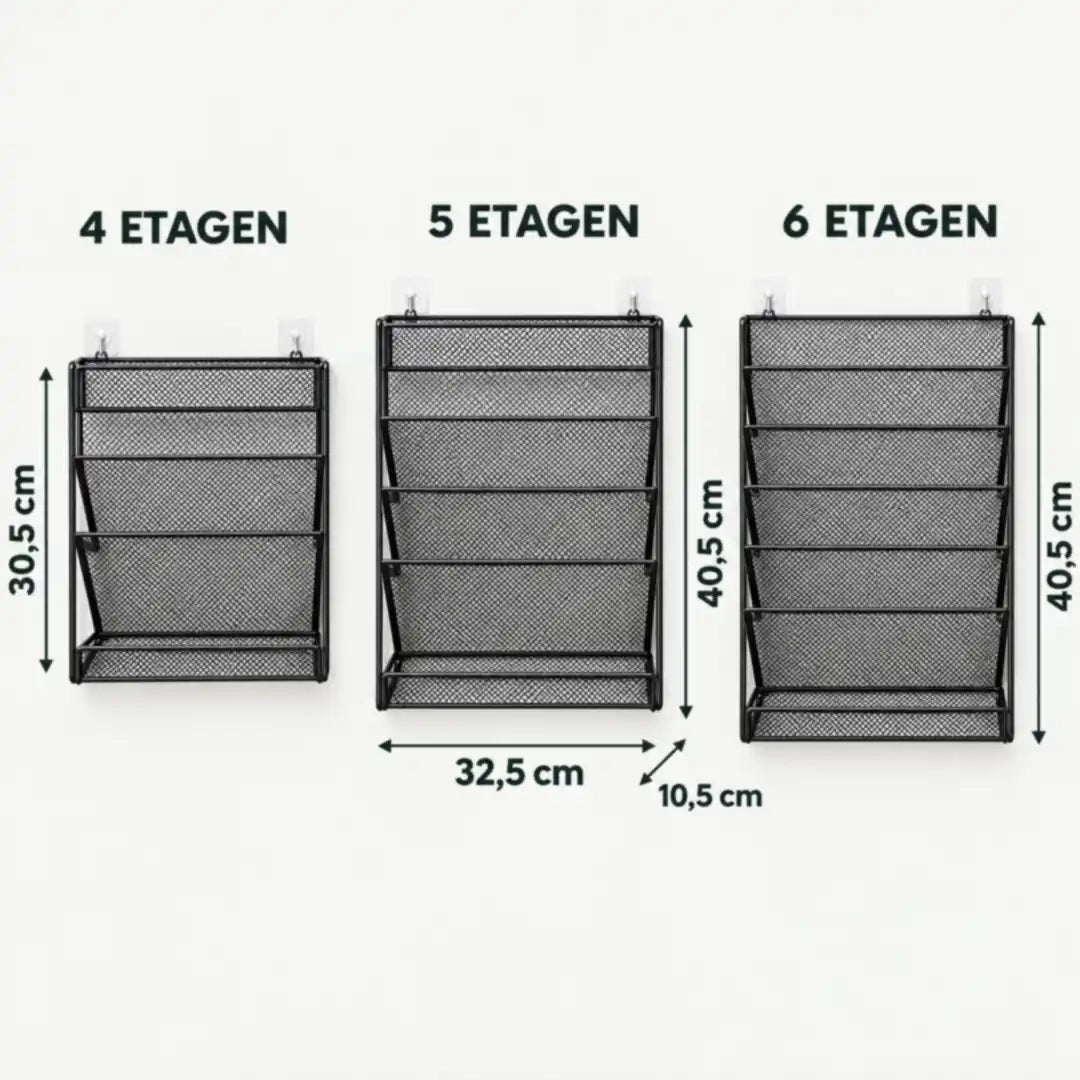 Größen des Zeitschriftenhalters: 4, 5 und 6 Etagen, 32,5 cm breit und 10,5 cm tief