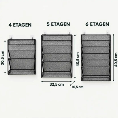 Größen des Zeitschriftenhalters: 4, 5 und 6 Etagen, 32,5 cm breit und 10,5 cm tief