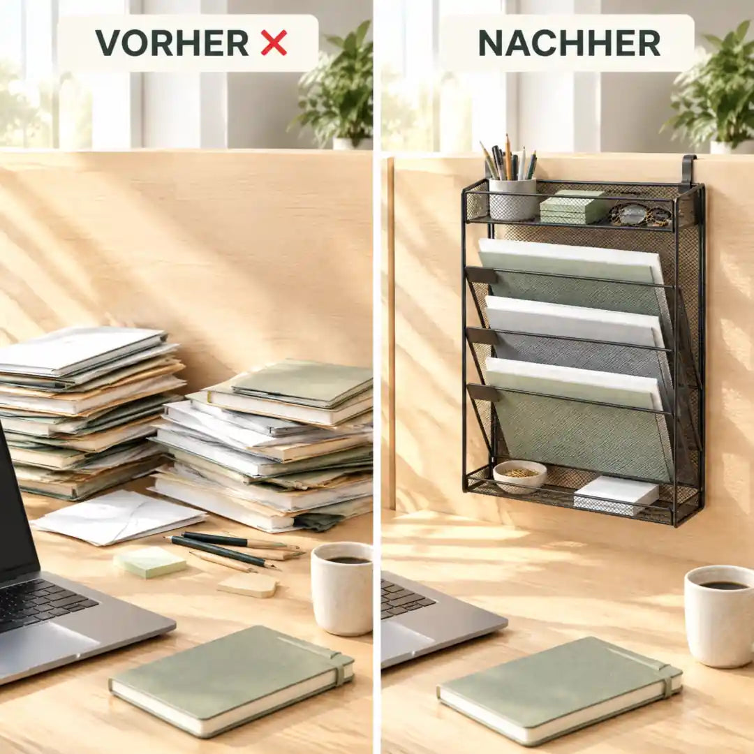 Vorher und nachher: Papierstapel auf dem Schreibtisch und sortierte Unterlagen im Wandorganizer