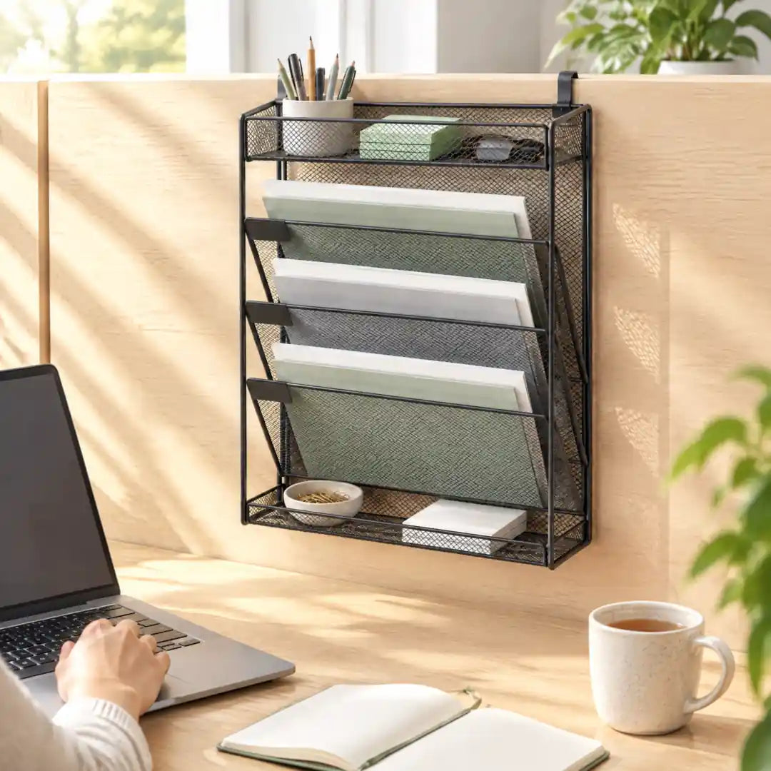 Homeoffice mit freiem Schreibtisch und gefülltem Wandorganizer an der Trennwand
