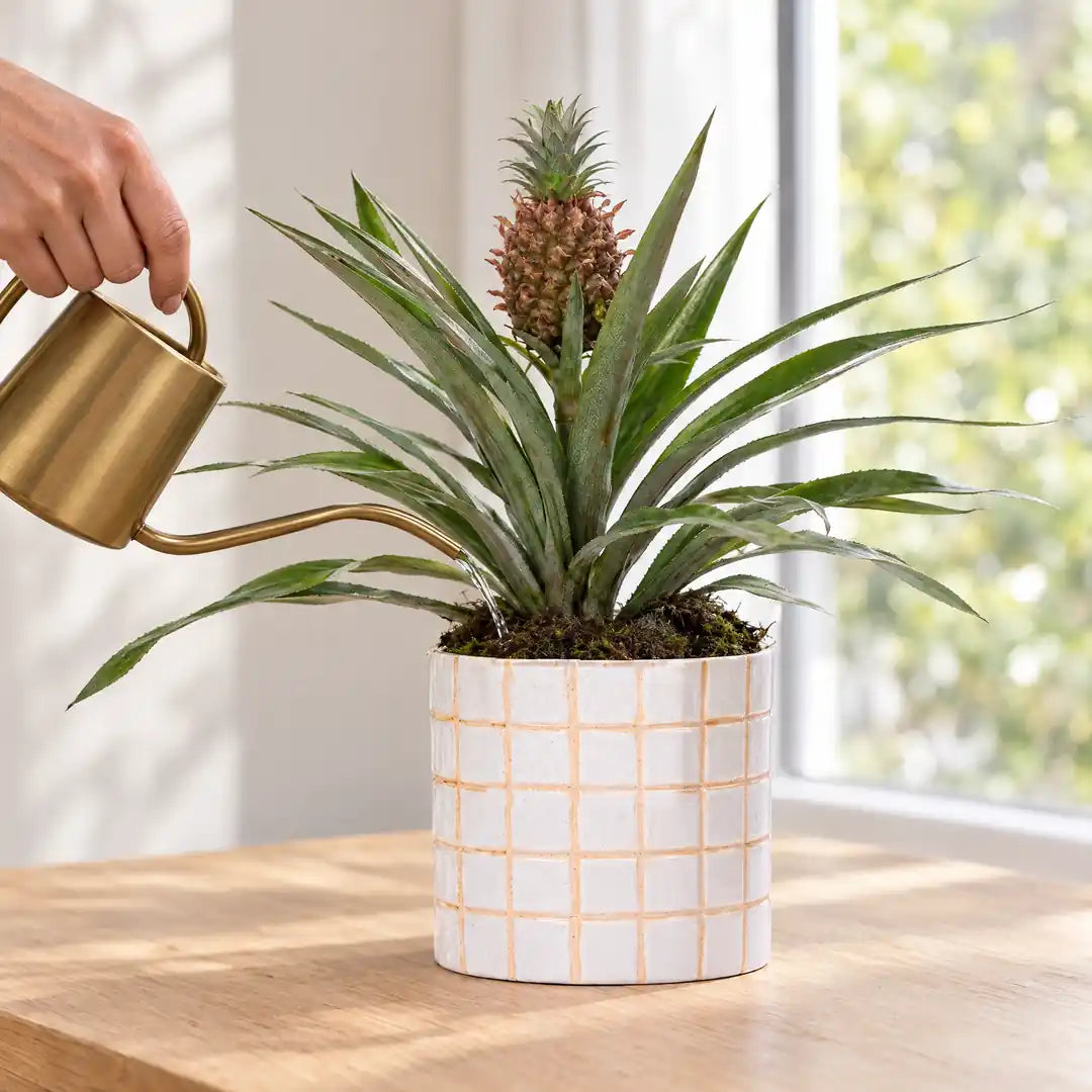 Hand gießt die Zierananas mit einer Messing-Gießkanne